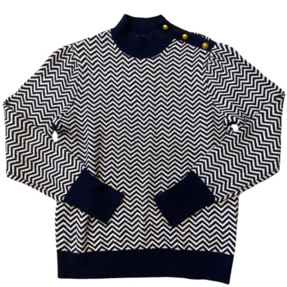J. Crew button-detail mockneck sweater navy ivory herringbone | S - Picture 2 of 10